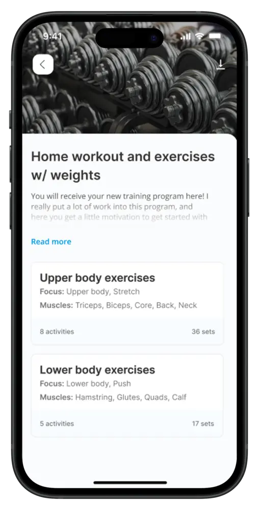 App screen showing a workout programme