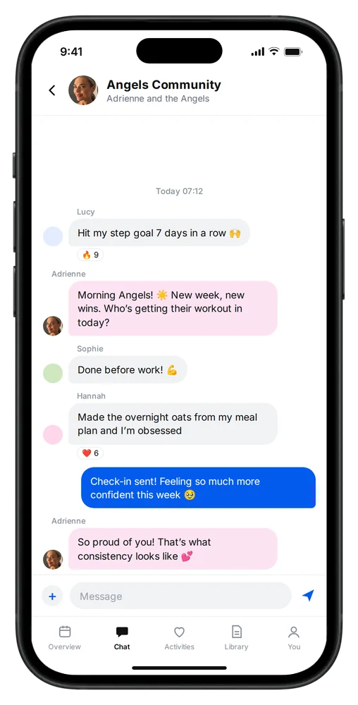 App chat screen with the Angels community