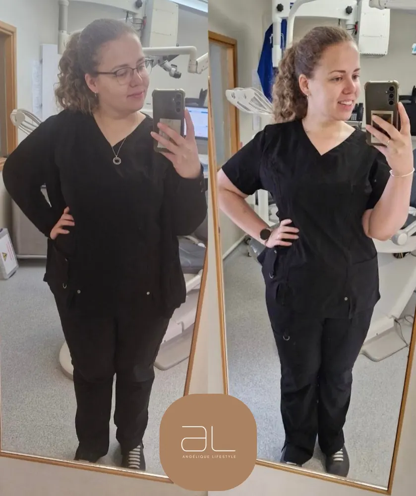 Client before and after, mirror selfie at work