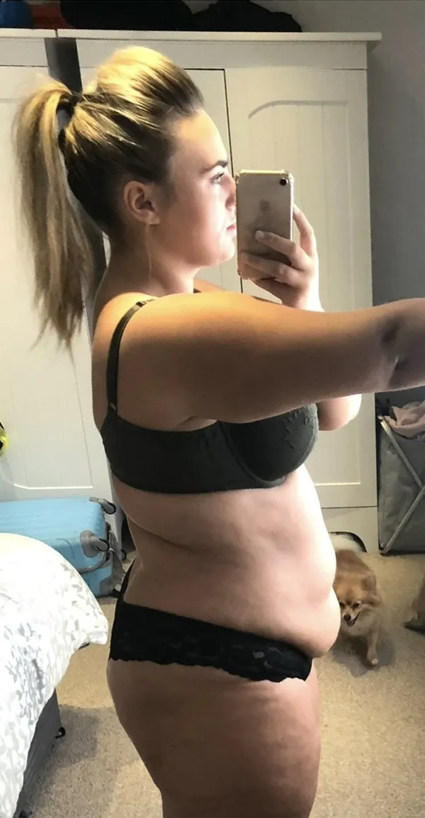 Adrienne before her 50kg weight loss, side on